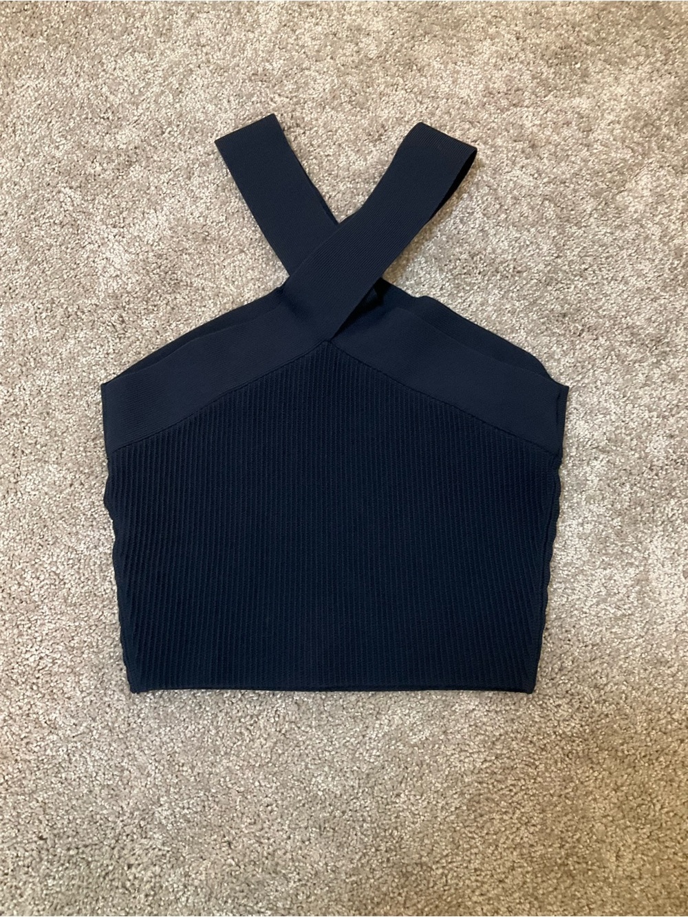 Babaton Sculpt Knit Cross Crop Top Navy Ribbed NWT Size S - Picture 2 of 7